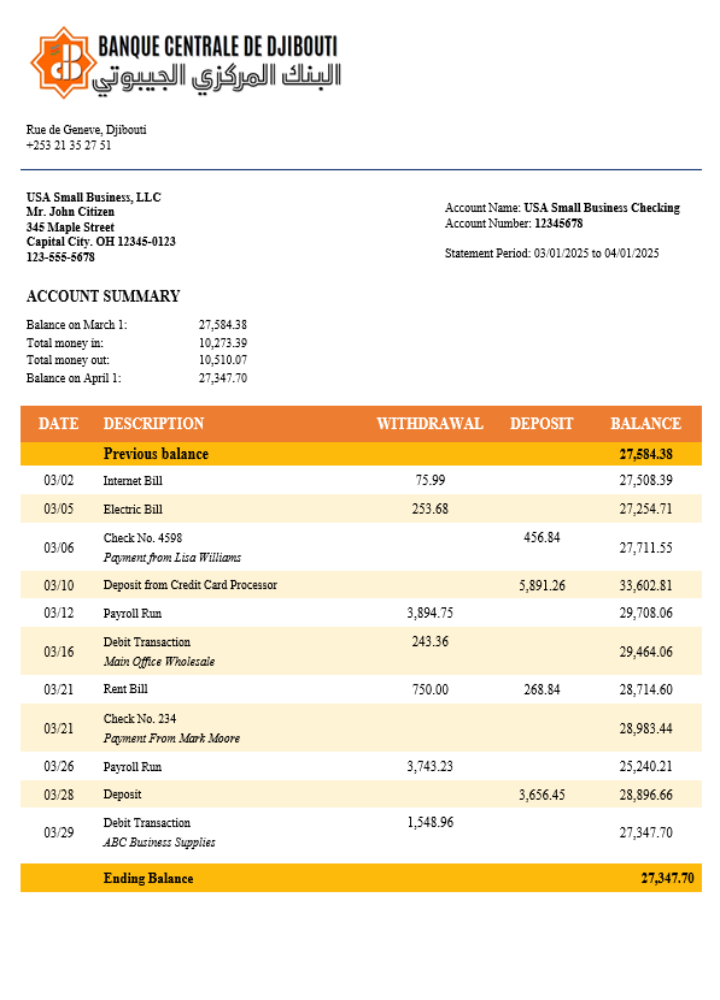 Relevé de compte courant d'une société de la Banque Centrale de Djibouti Modèle Word et PDF